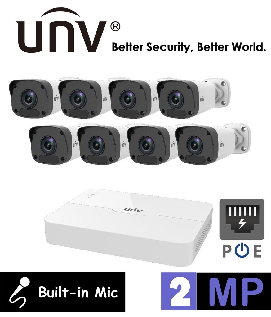[KIT/301-08LB-P8/8*2122LR3-PF40M-D] UNV  2MP 8-Channel POE NVR Kit -  Ultra 265  Bullet Camera (HDD & Cables not included)