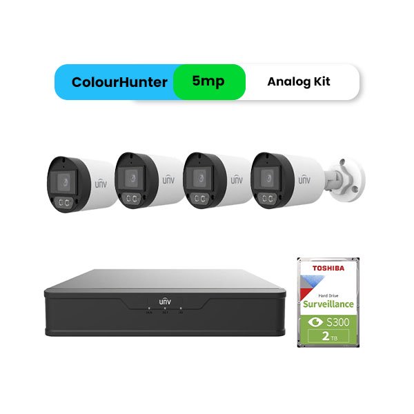 [KIT04-B125AF28M-W-4-4] UNV AHD Kit 5MP 40M Color Night 6ch XVR 4 Cameras (Metal Shell with Built-in Mic) 2 TB Surveillance HDD  & Power Adaptors -Excl Cables