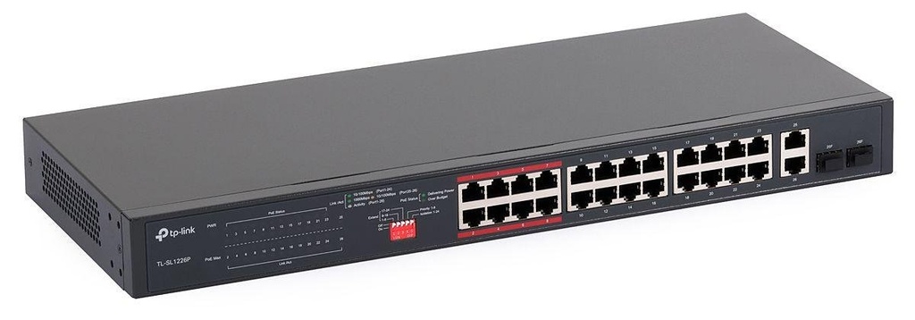 [TL-SL1226P] 24-Port 10/100 Mbps + 2-Port Gigabit Rackmount Switch with 24-Port PoE+